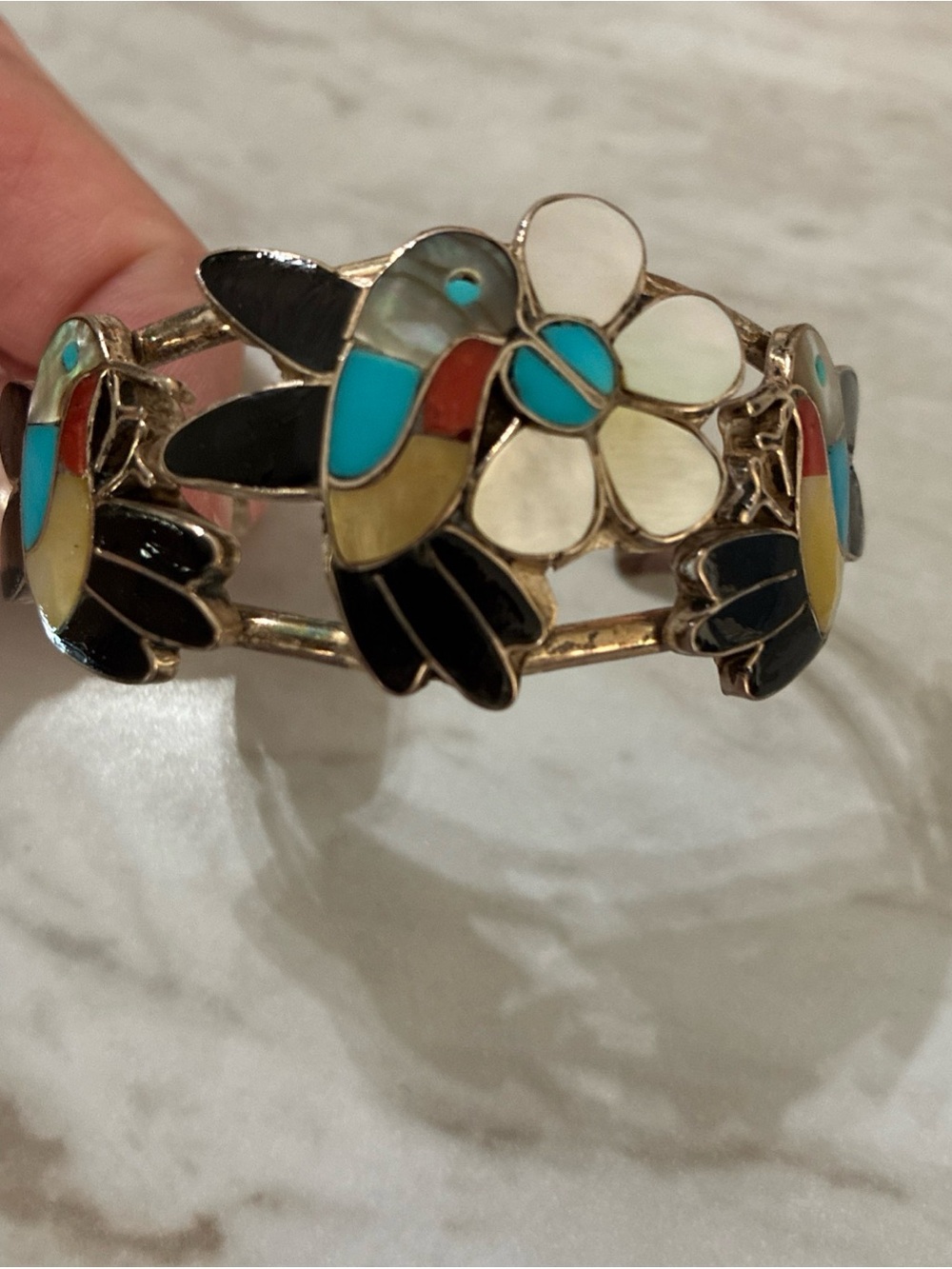 Vintage Zuni Sterling Silver Hummingbird Inlay Cuff Bracelet